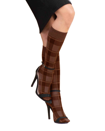 Omero Tartan 50 Gambaletto - Brown opaque fashion knee-high socks with a black woven tartan style pattern and deep comfort cuff.