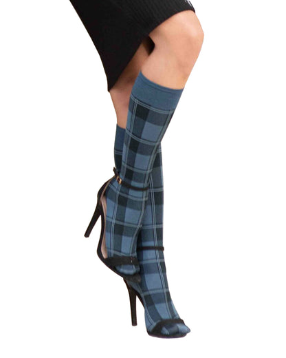 Omero Tartan 50 Gambaletto - Denim blue opaque fashion knee-high socks with a black woven tartan style pattern and deep comfort cuff.