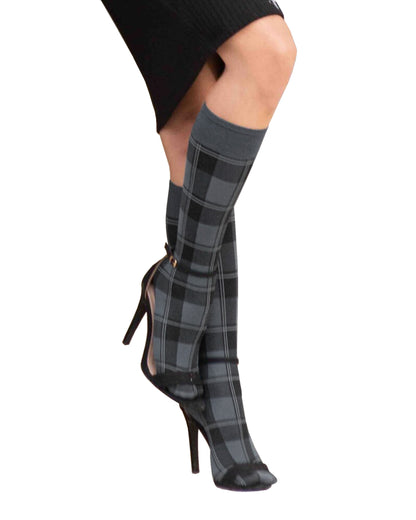 Omero Tartan 50 Gambaletto - Grey opaque fashion knee-high socks with a black woven tartan style pattern and deep comfort cuff.