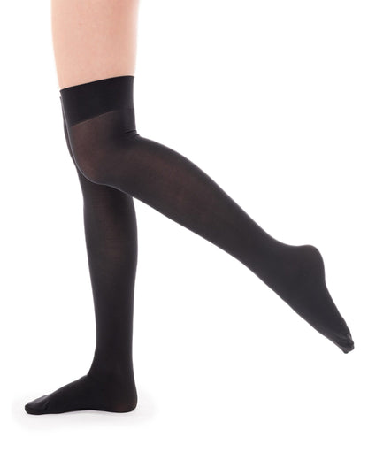 Omero 113752 Aria 50 Parigina - Plain black soft matte opaque over the knee socks with a deep elasticated cuff worn with a black body-top.