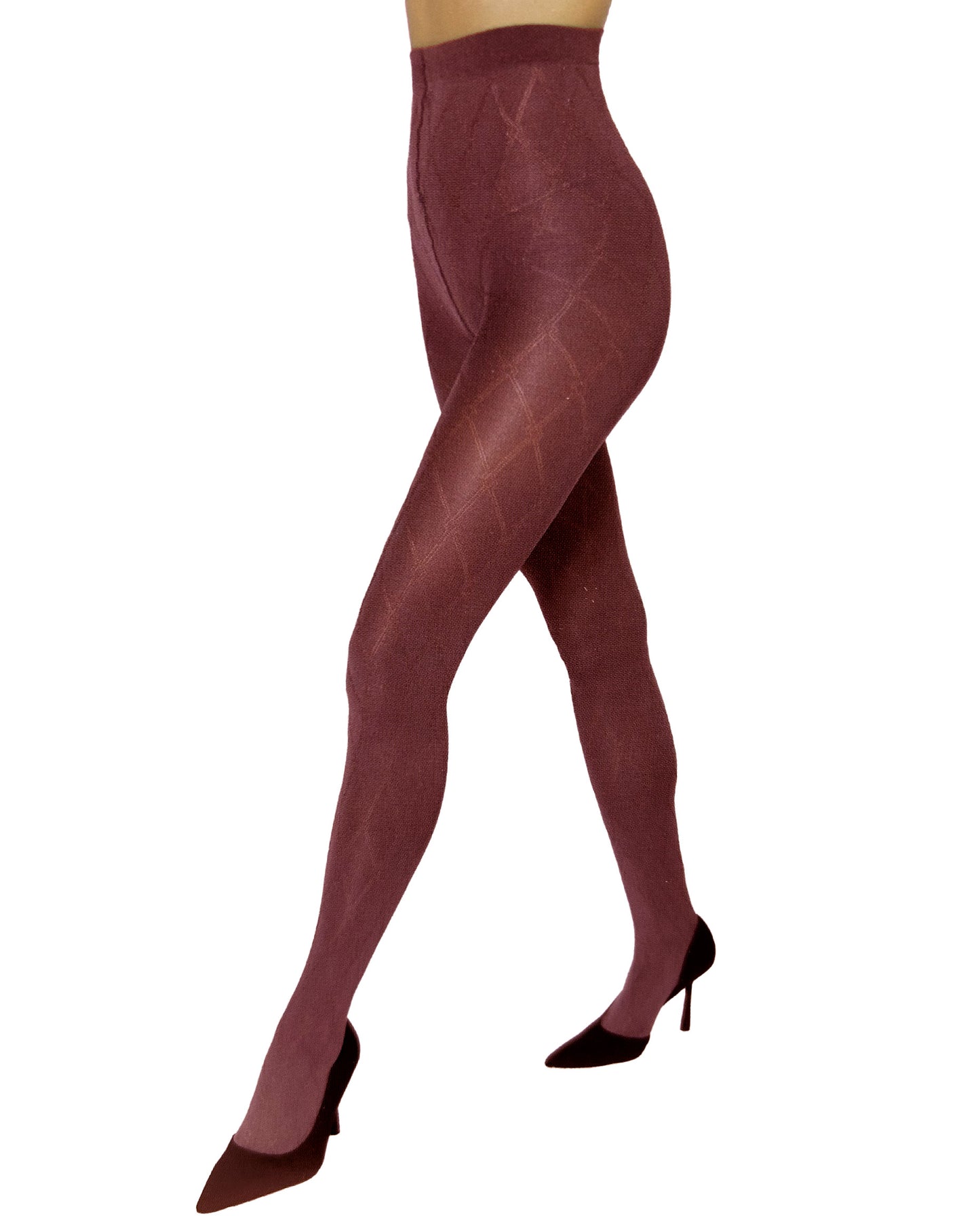 Omero Mars 50 Collant - Maroon/dark red opaque fashion tights with a sheer diamond or fence style pattern with a satin sheen finish.