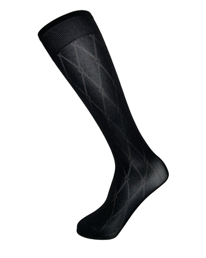 Omero Mars 50 Gambaletto - Black opaque fashion knee-high pop-socks with a sheer diamond or fence style pattern with a satin sheen finish and deep elasticated comfort cuff.