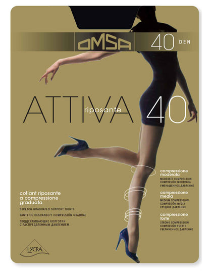 Omsa Attiva 40 light support tights, gradual compression, helps conceal cellulite, good for flights and being on your feet all day.