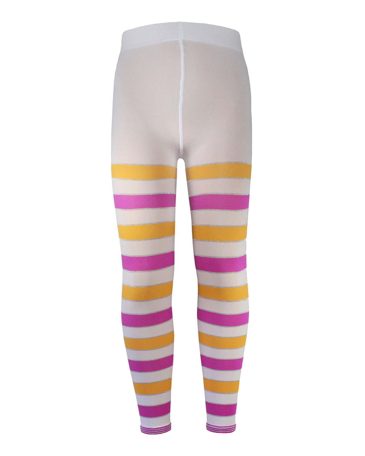 Omsa Beach Kid's Footless Tights - Soft white opaque kid's footless tights leggings with a pink and orange horizontal stripe pattern with silver sparkly lurex.