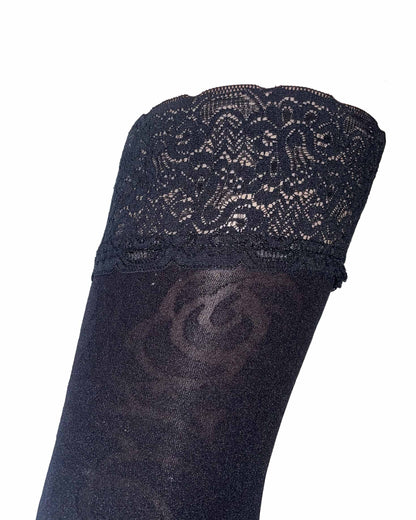 Omsa Cocoon Autoreggente - Black semi opaque fashion hold-ups with an abstract rose style pattern, luxury floral lace top. Detail