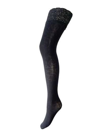 Omsa Cocoon Autoreggente - Black semi opaque fashion hold-ups with an abstract rose style pattern, luxury floral lace top.