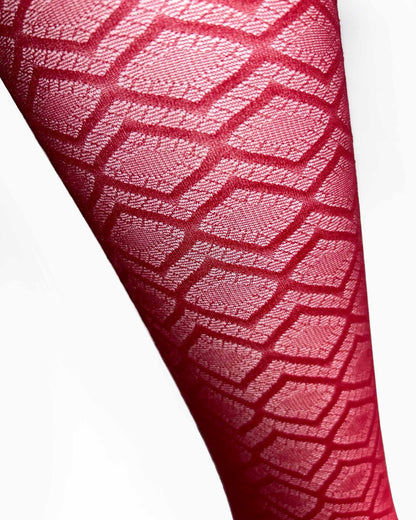 Omsa Crystalline Gambaletto - Sheer red fashion knee-high socks with a woven geometric diamond style pattern.