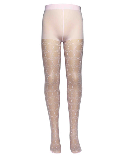 Omsa Serenella Decor Collant - Baby pink / rosa semi sheer micro mesh children's fashion tights with a woven lace style grid pattern with white dots.