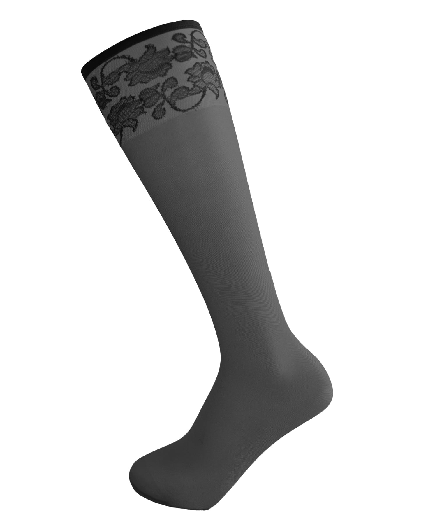 Omsa Dreamer Gambaletto - Sheer black fashion knee-high socks with a woven floral lace style pattern around the cuff.