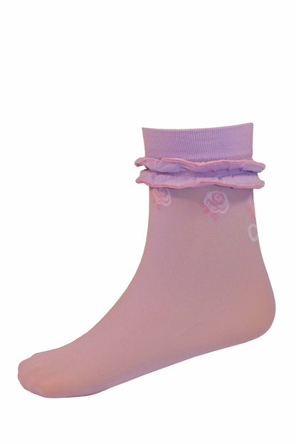 Omsa Lulu Calzino - Light lilac purple opaque children's fashion ankle socks with a double frill cuff, rose pattern under the cuff and a back seam with a bow detail in pink and off white.