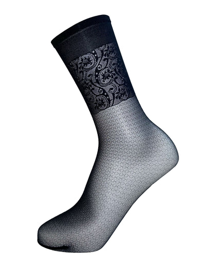 Omsa Gallantly Calzino - Sheer black fashion ankle socks with an enclosed fishnet or honeycomb style pattern, swirly floral lace style design around the ankle and plain deep elasticated comfort cuff.