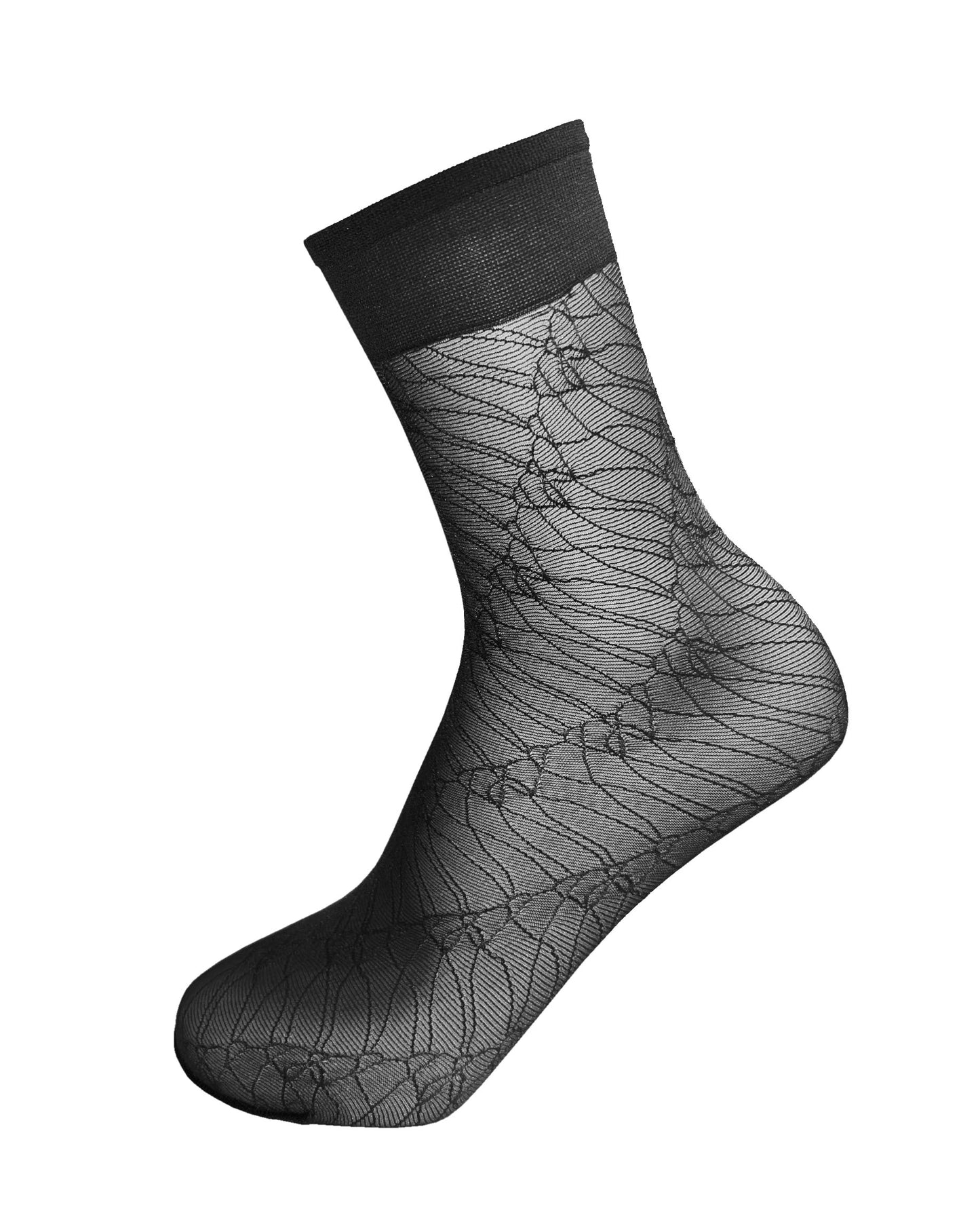 Omsa Grace Calzino - Sheer black fashion ankle socks with an all over messy scribbly linear style pattern and deep comfort cuff.