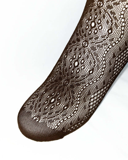 Omsa Intuition Lace Knee-High Socks - Brown openwork fashion knee-high socks with a floral lace and circular fishnet pattern, reinforced toe and scalloped edge cuff.