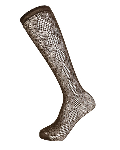 Omsa Intuition Lace Knee-High Socks - Brown openwork fashion knee-high socks with a floral lace and circular fishnet pattern, reinforced toe and scalloped edge cuff.