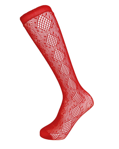 Omsa Intuition Lace Knee-High Socks - Red openwork fashion knee-high socks with a floral lace and circular fishnet pattern, reinforced toe and scalloped edge cuff.