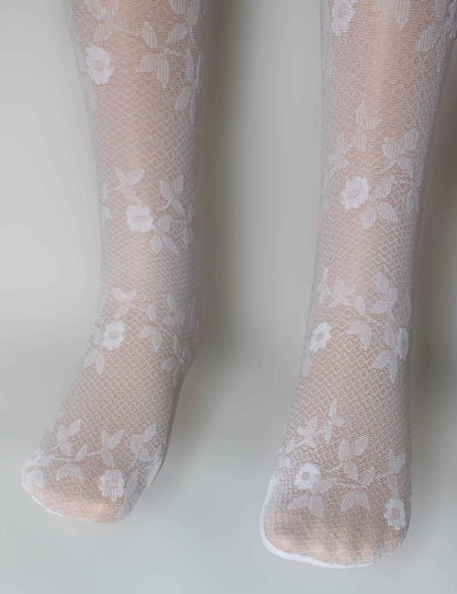 Omsa Serenella Lovely kid's tights - White semi sheer micro diamond patterned children's fashion tights with an all over woven floral design, perfect for flower girls or first holy communion.