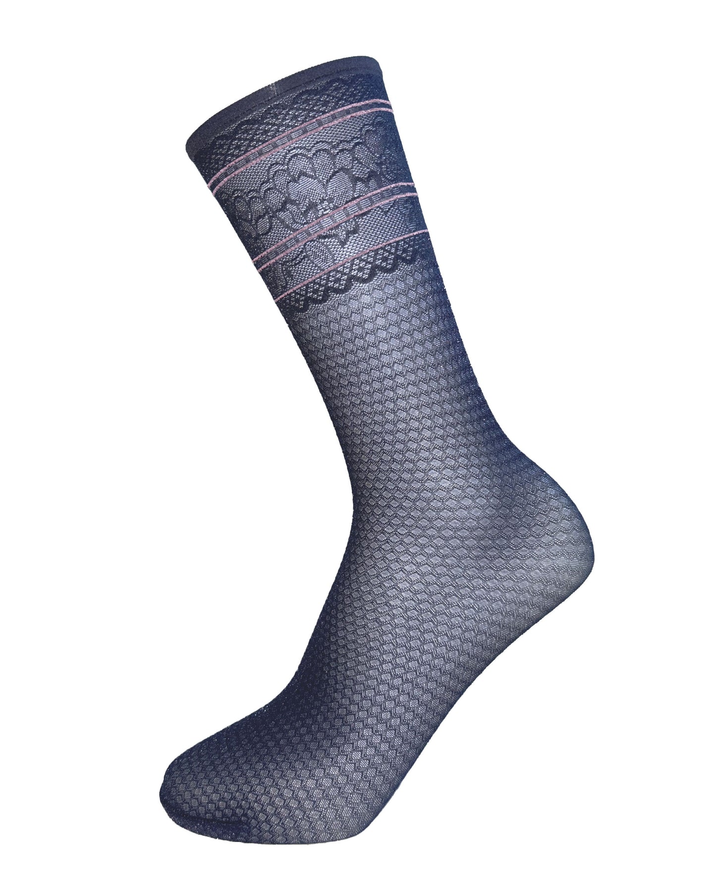 Omsa Pearly Calzino - Sheer denim blue fashion ankle socks with a micro zig-zag or diamond style pattern, floral lace style cuff with thin pale pink stripes.