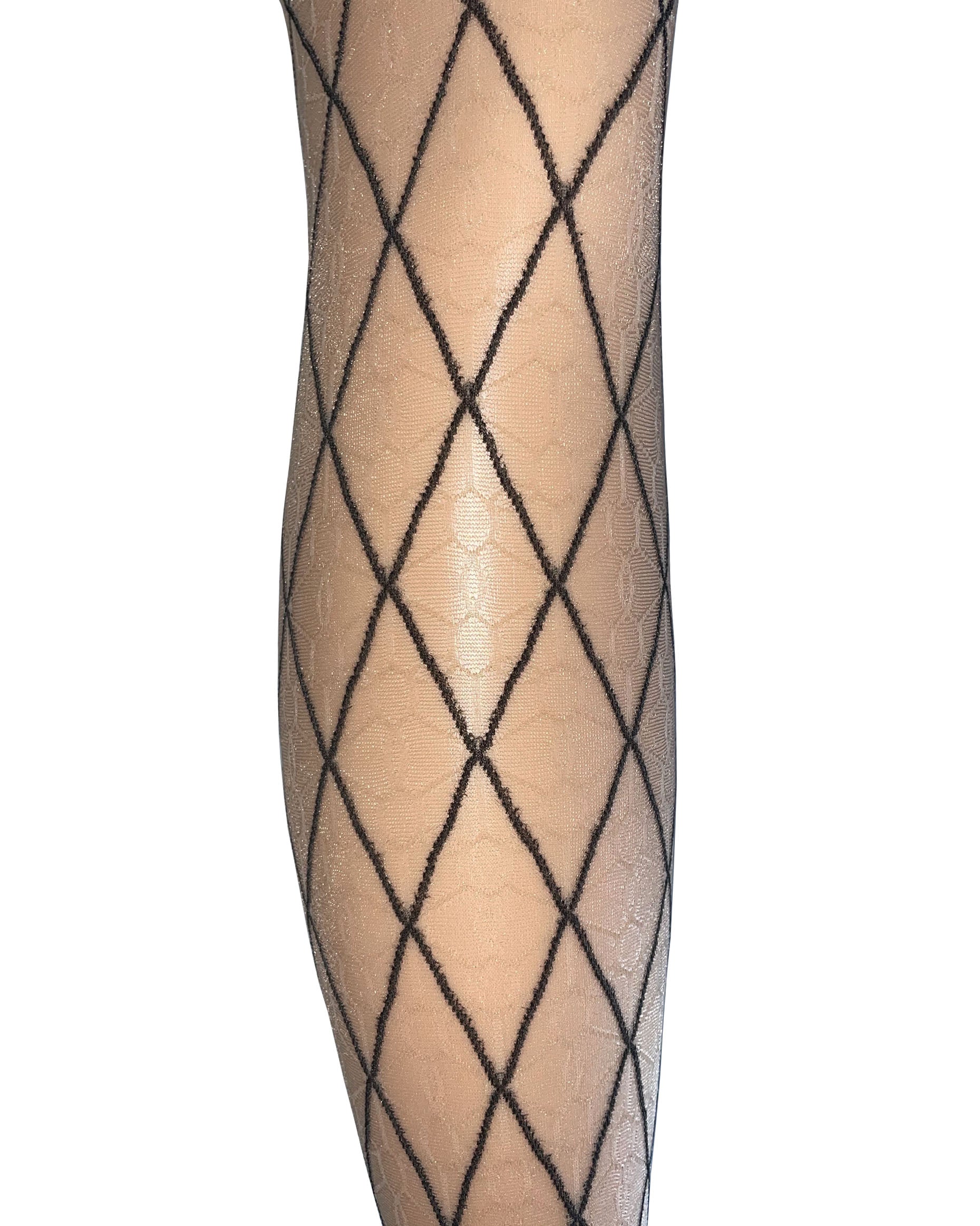 Omsa Rombi Collant - Sheer nude seamless fashion tights with a black diamond style pattern, an alternative to the iconic Gucci pattern. Detail.