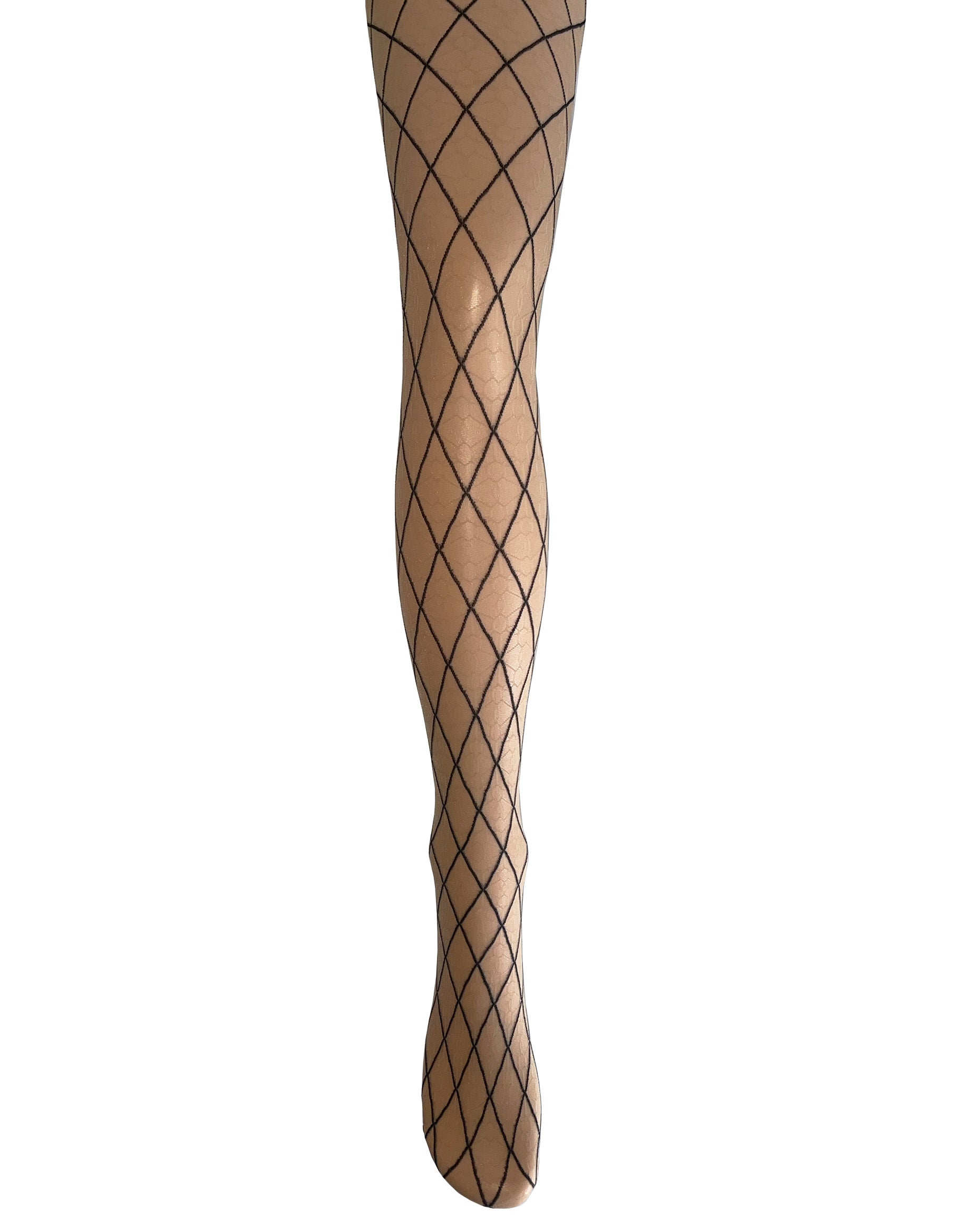 Omsa Rombi Collant - Sheer nude seamless fashion tights with a black diamond style pattern, an alternative to the iconic Gucci pattern. Front view.