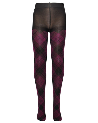 Omsa Serenella Shire Collant - Black opaque children's fashion tights with a deep dark purple tartan / argyle style pattern.