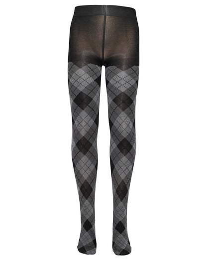 Omsa Serenella Shire Collant - Black opaque children's fashion tights with a light grey tartan / argyle style pattern.