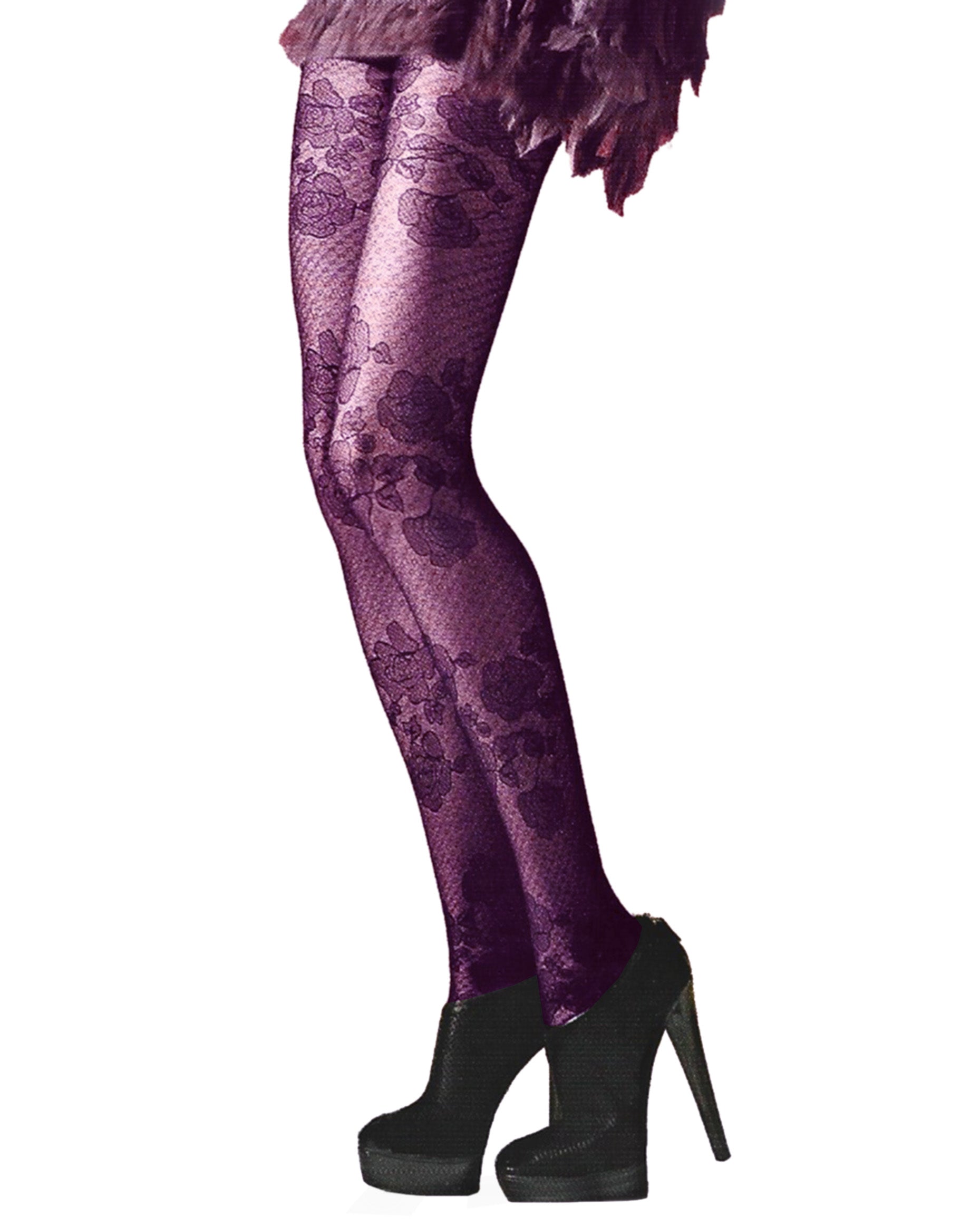 Omsa Shiver Collant - Sheer purple fashion tights with a floral and mesh style pattern, flat seams and gusset.