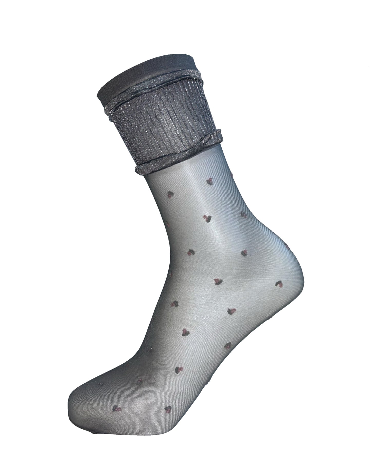 Omsa Sophisticated Calzino - Sheer light grey fashion ankle socks with a micro woven dotted pattern in pale pink and light grey and a deep ribbed double frill edged cuff.