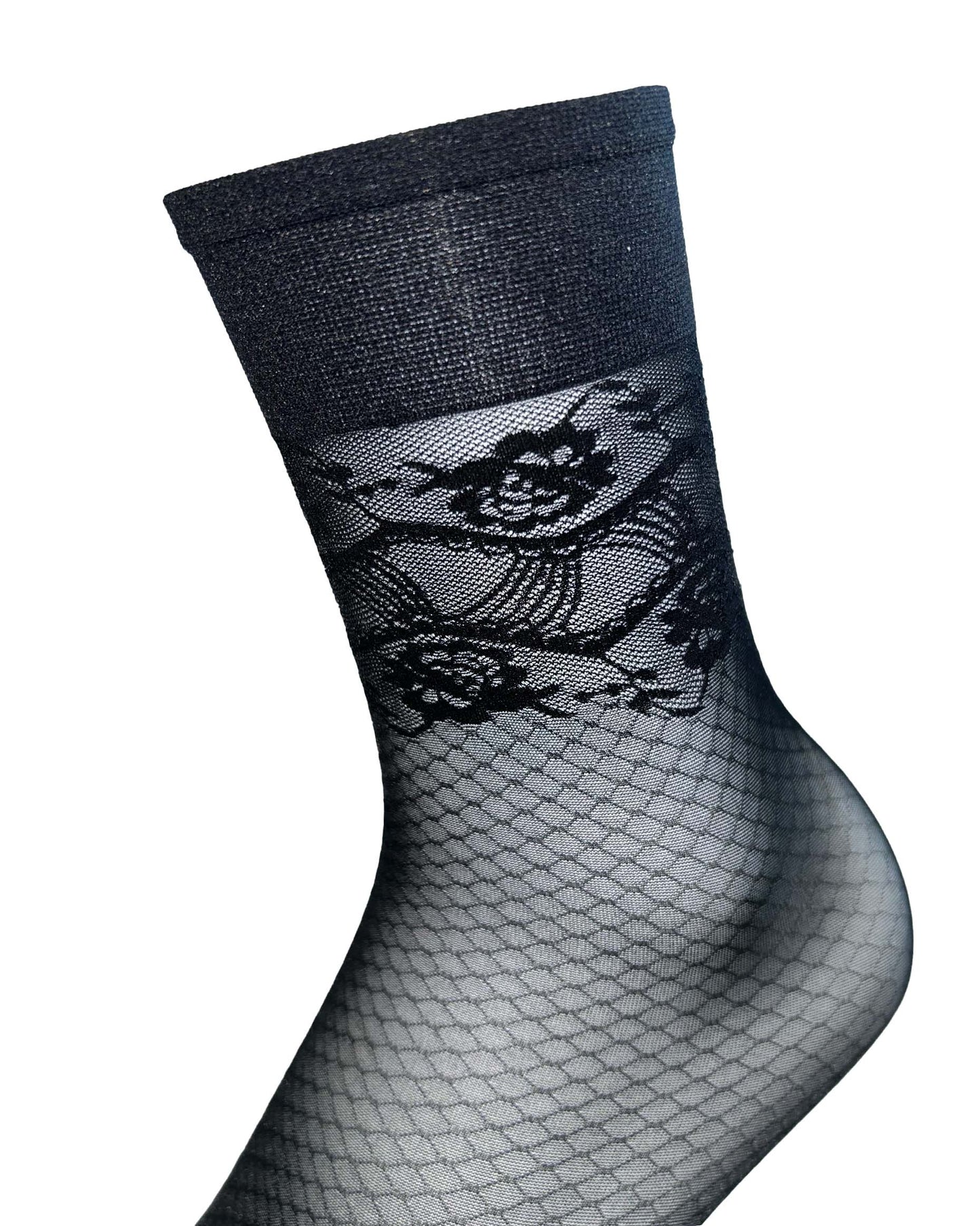 Omsa Task Calzino - Black fashion ankle socks with an enclosed fishnet or honeycomb style pattern, floral lace style design around the ankle and plain deep elasticated comfort cuff.