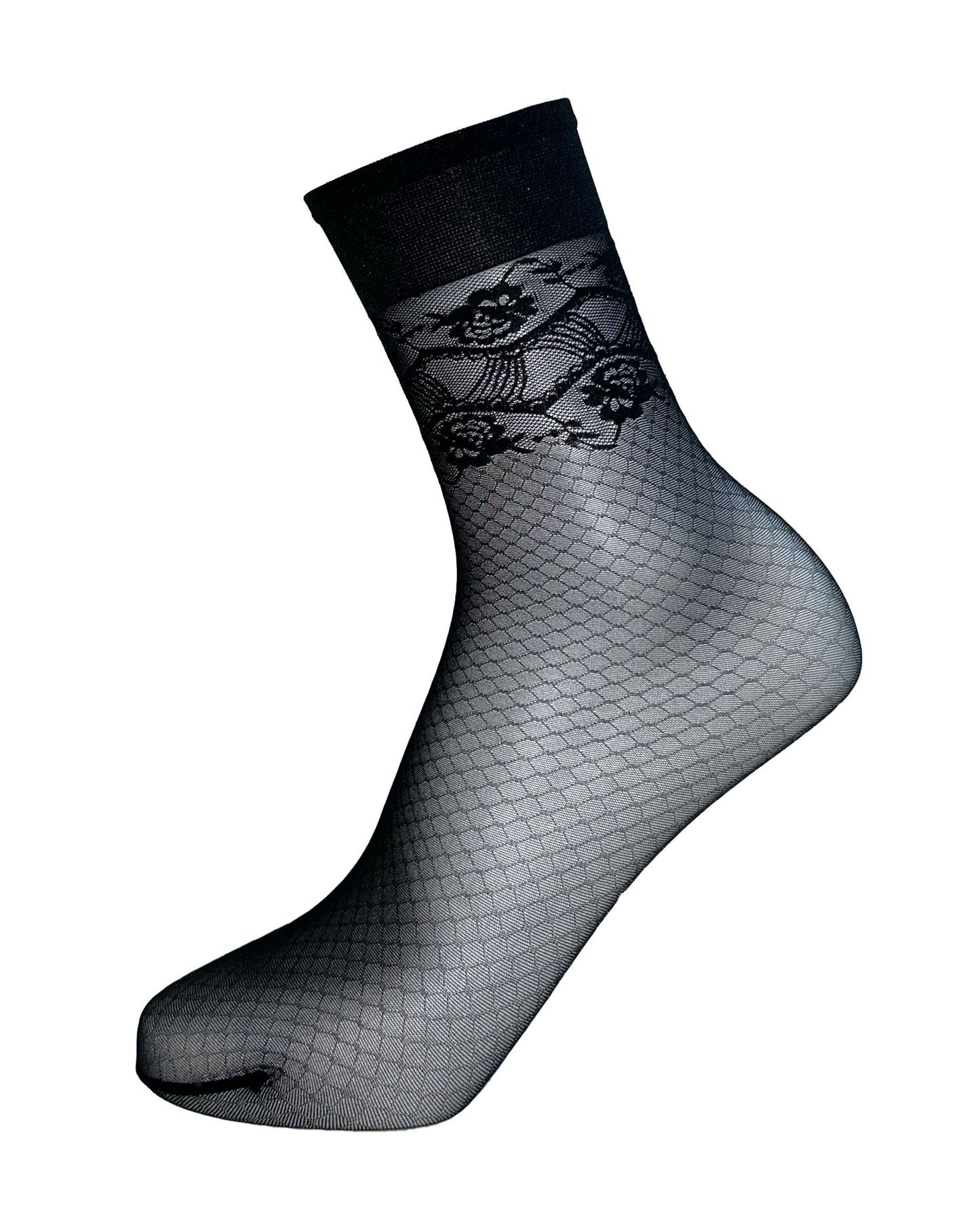 Omsa Task Calzino - Black fashion ankle socks with an enclosed fishnet or honeycomb style pattern, floral lace style design around the ankle and plain deep elasticated comfort cuff.