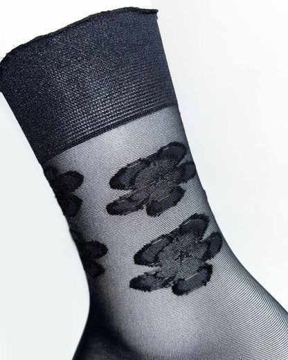 Omsa Violet Calzino - Sheer black fashion ankle socks with a woven floral design around the ankle and deep elasticated comfort cuff with a slight frill edge.