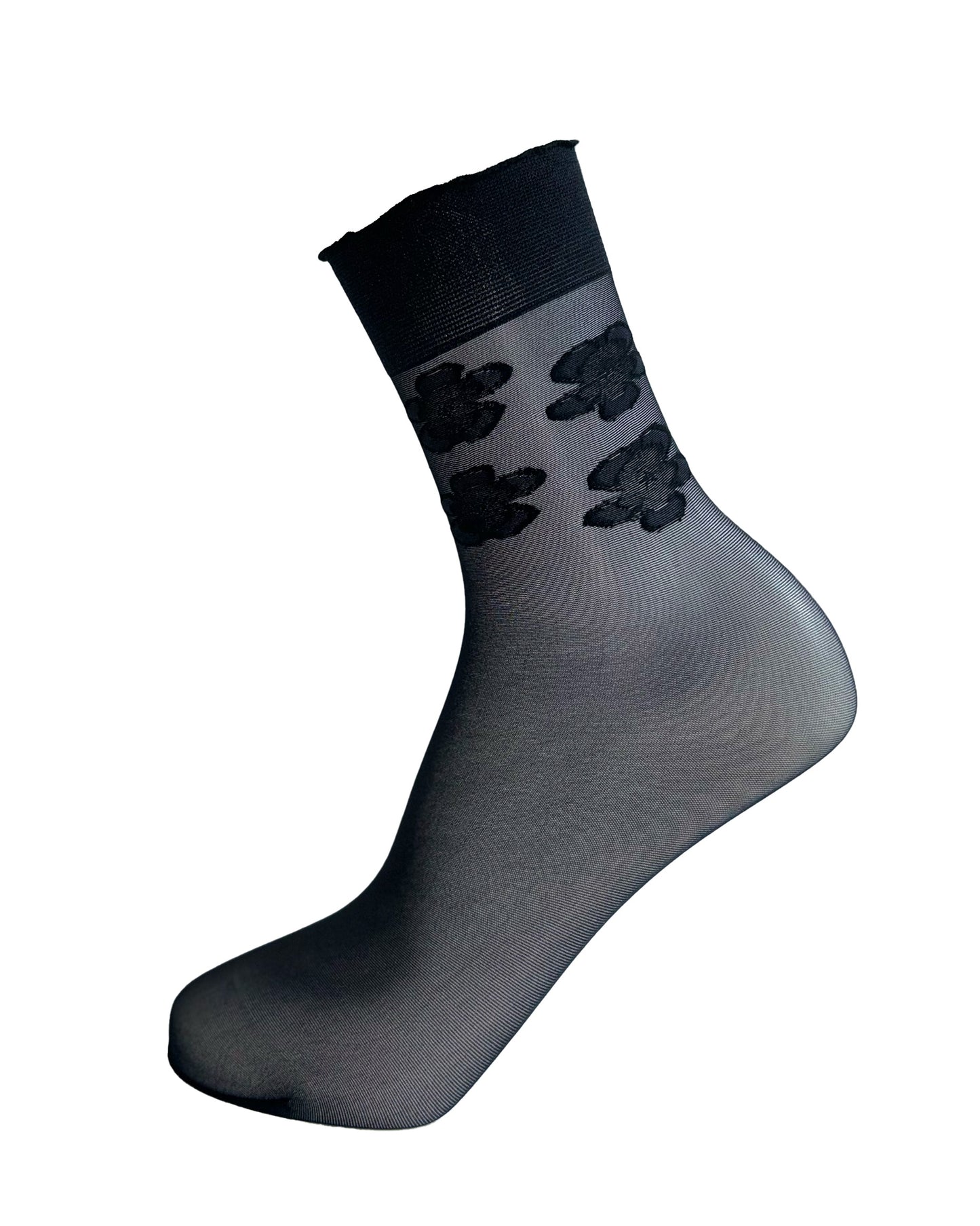 Omsa Violet Calzino - Sheer black fashion ankle socks with a woven floral design around the ankle and deep elasticated comfort cuff with a slight frill edge.