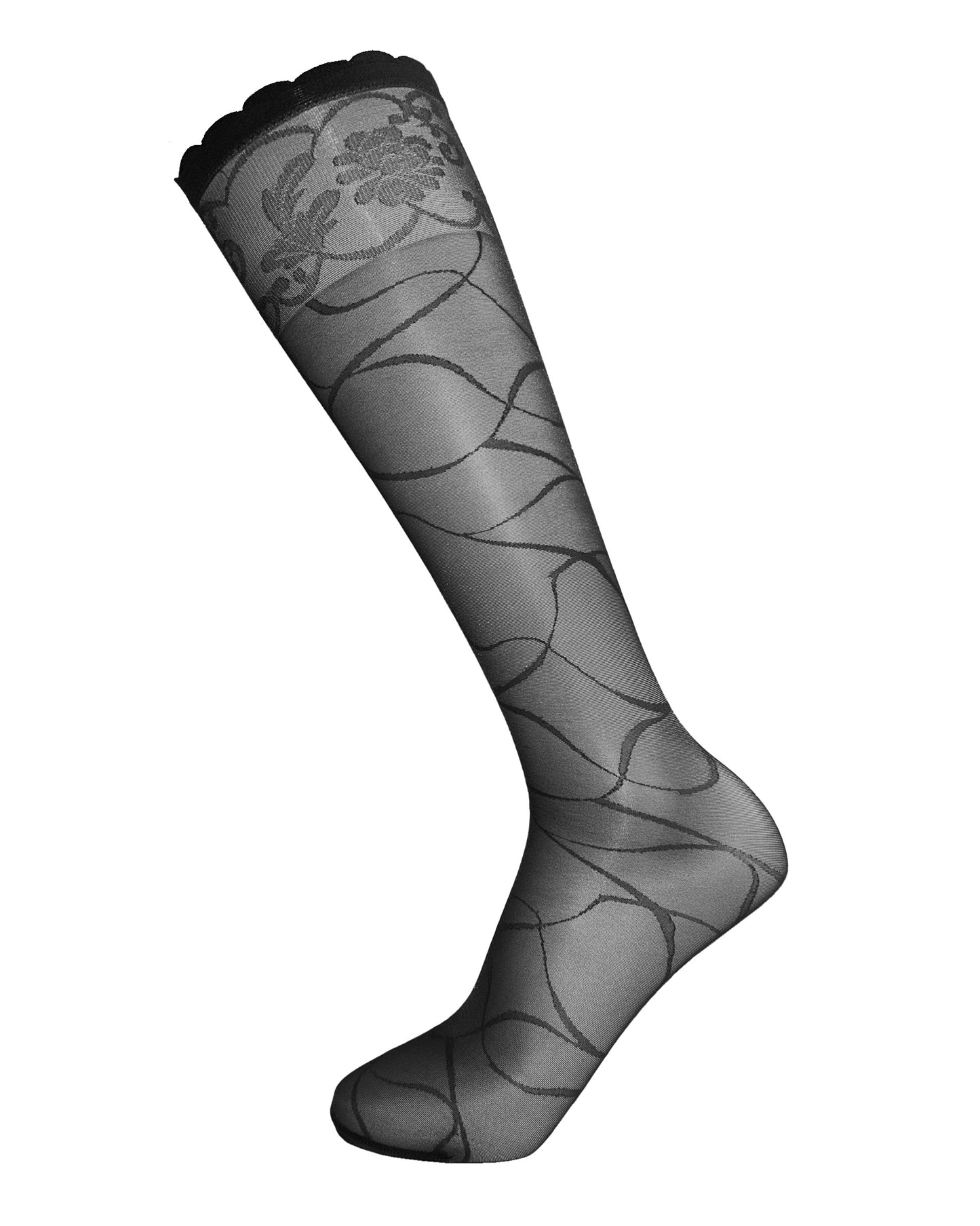 Omsa Wavy Gambaletto - Sheer black fashion knee-high socks with a woven wavy swirl style linear pattern with a floral lace patterned cuff with scalloped edge.