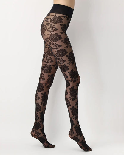 OroblÌ_ All Colors Lace Tights - Black floral lace style fashion tights with a deep comfort waistband.