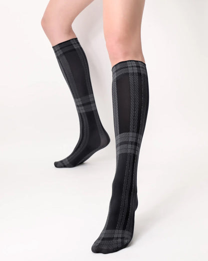 Oroblù All Colors Scottish Knee-Highs - Soft opaque fashion knee-high socks with a woven tartan style pattern and hidden elasticated cuff in dark grey and medium grey.