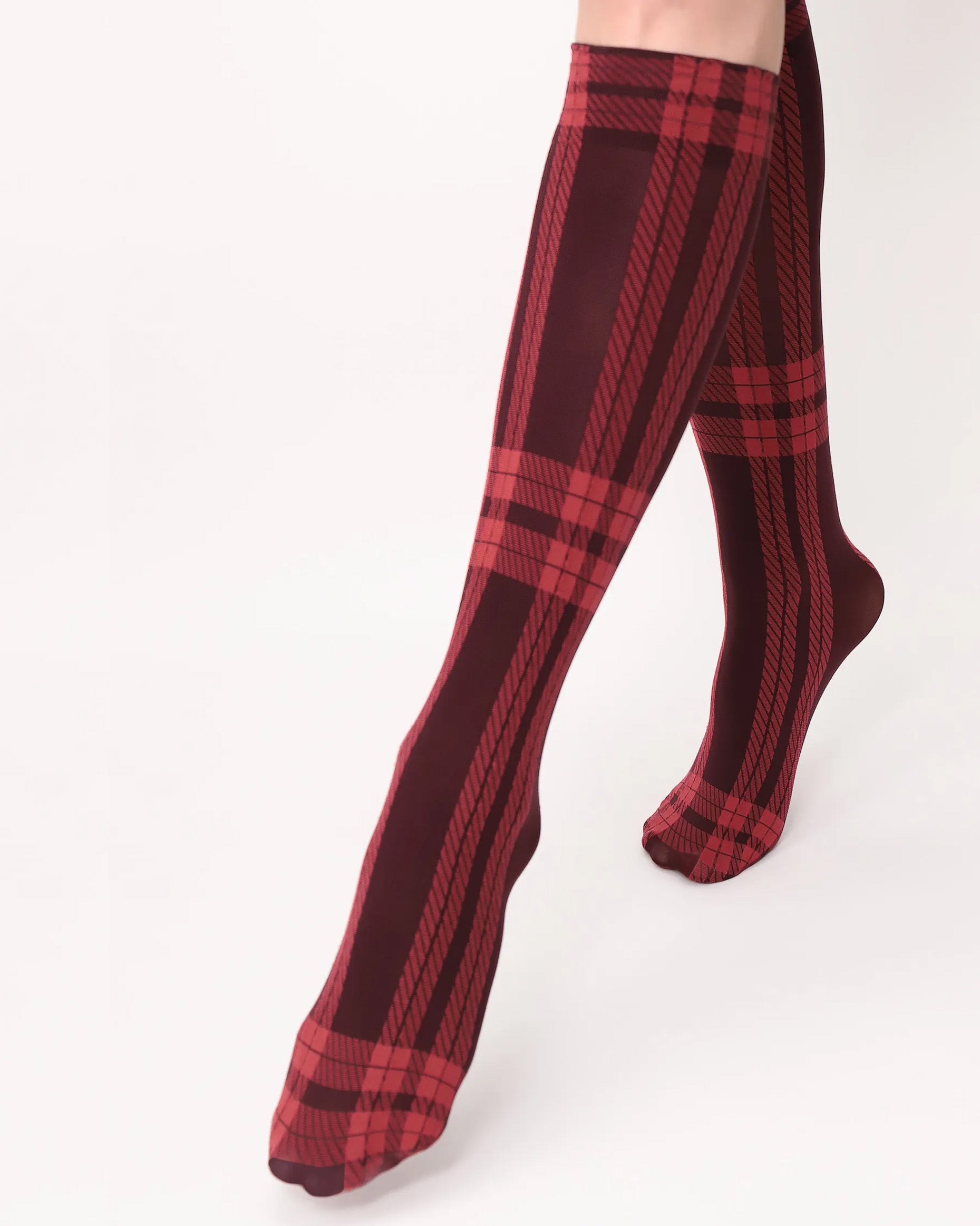 Oroblù All Colors Scottish Knee-Highs - Soft opaque fashion knee-high socks with a woven tartan style pattern and hidden elasticated cuff in wine and red.