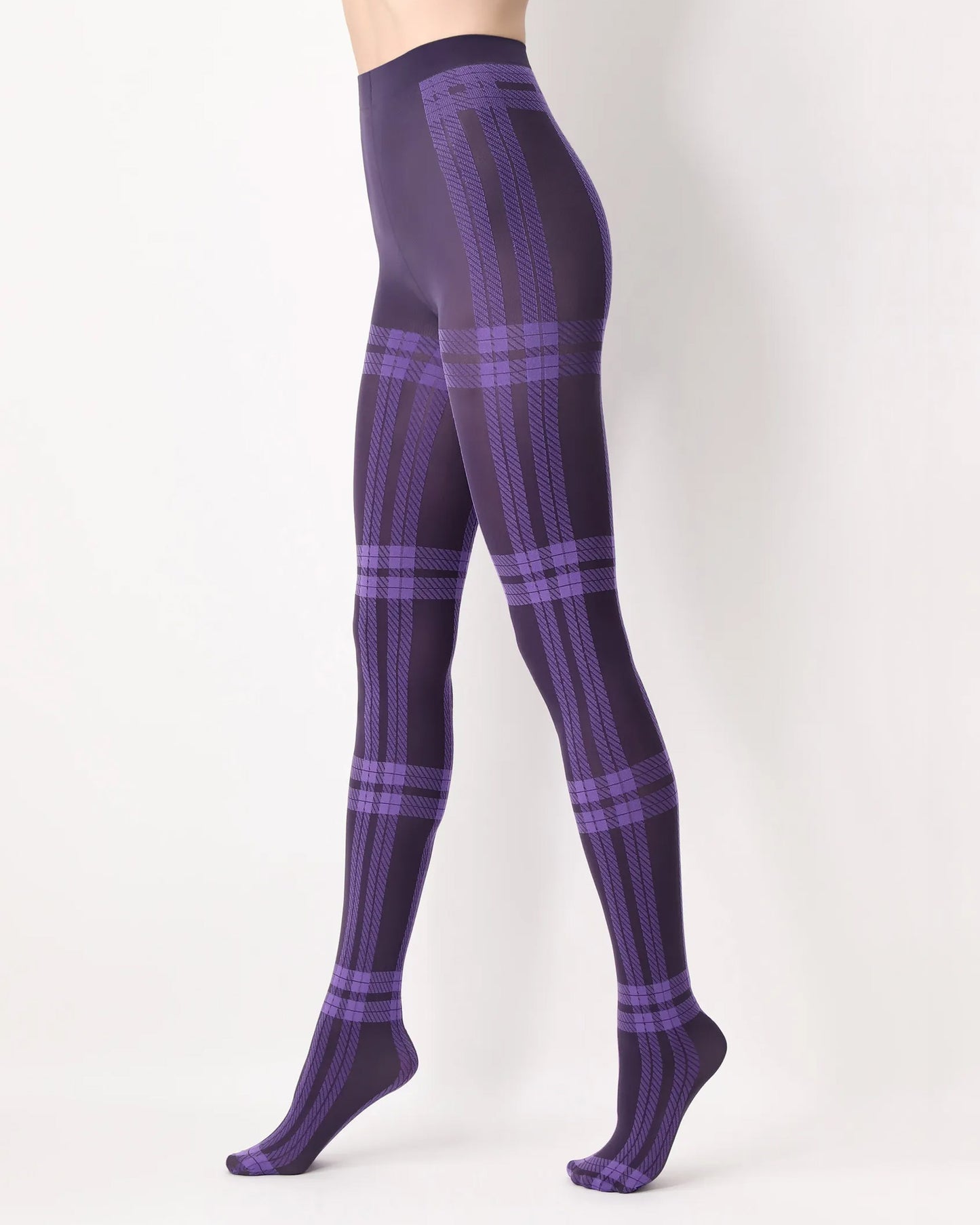 Oroblù All Colors Scottish Tights - Soft opaque fashion tights with a woven tartan style pattern, gusset and soft comfort waist band in dark purple and lilac. Side view.