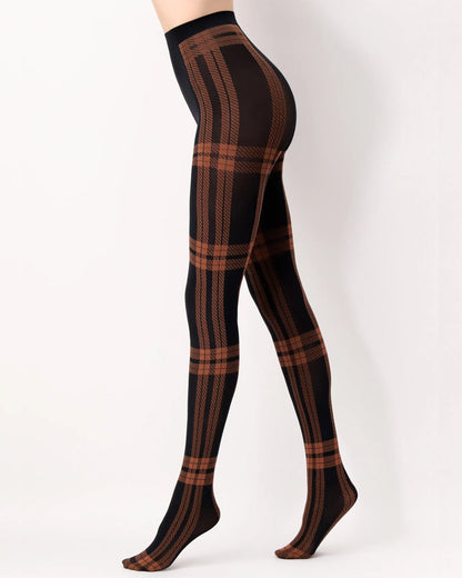 Oroblù All Colors Scottish Tights - Soft opaque fashion tights with a woven tartan style pattern, gusset and soft comfort waist band in black and rust orange. Side view.