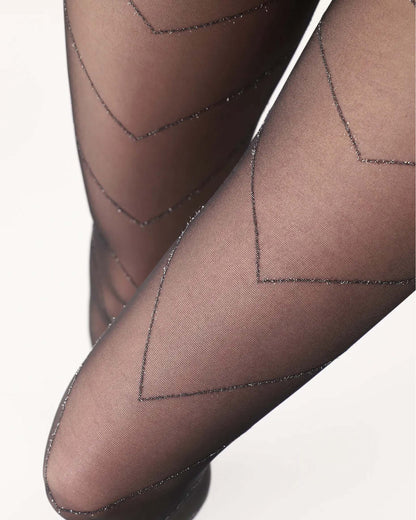 Oroblù Bright Chevron Tights - Sheer black fashion tights with a sparkly lurex silver zig-zag linear pattern, close up.