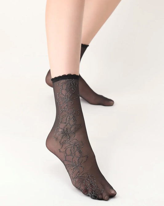 Oroblù Bright Detail Socks - Sheer black fashion ankle socks with a woven floral lace style pattern and scalloped edge elasticated cuff.