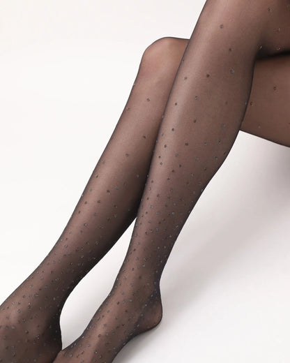 Oroblù Bright Dots Tights - Sheer black fashion tights with a sparkly lurex silver and gold speckled spot pattern, close up detail.