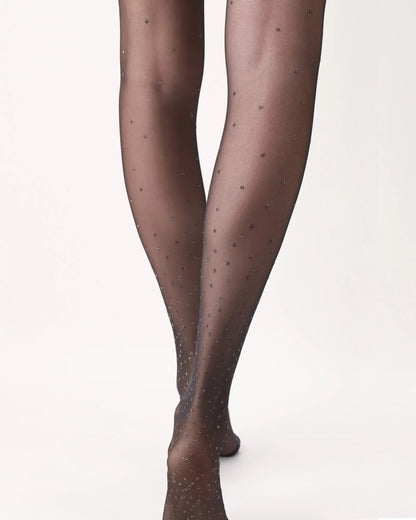 Oroblù Bright Dots Tights - Sheer black fashion tights with a sparkly lurex silver and gold speckled spot pattern. Back view.