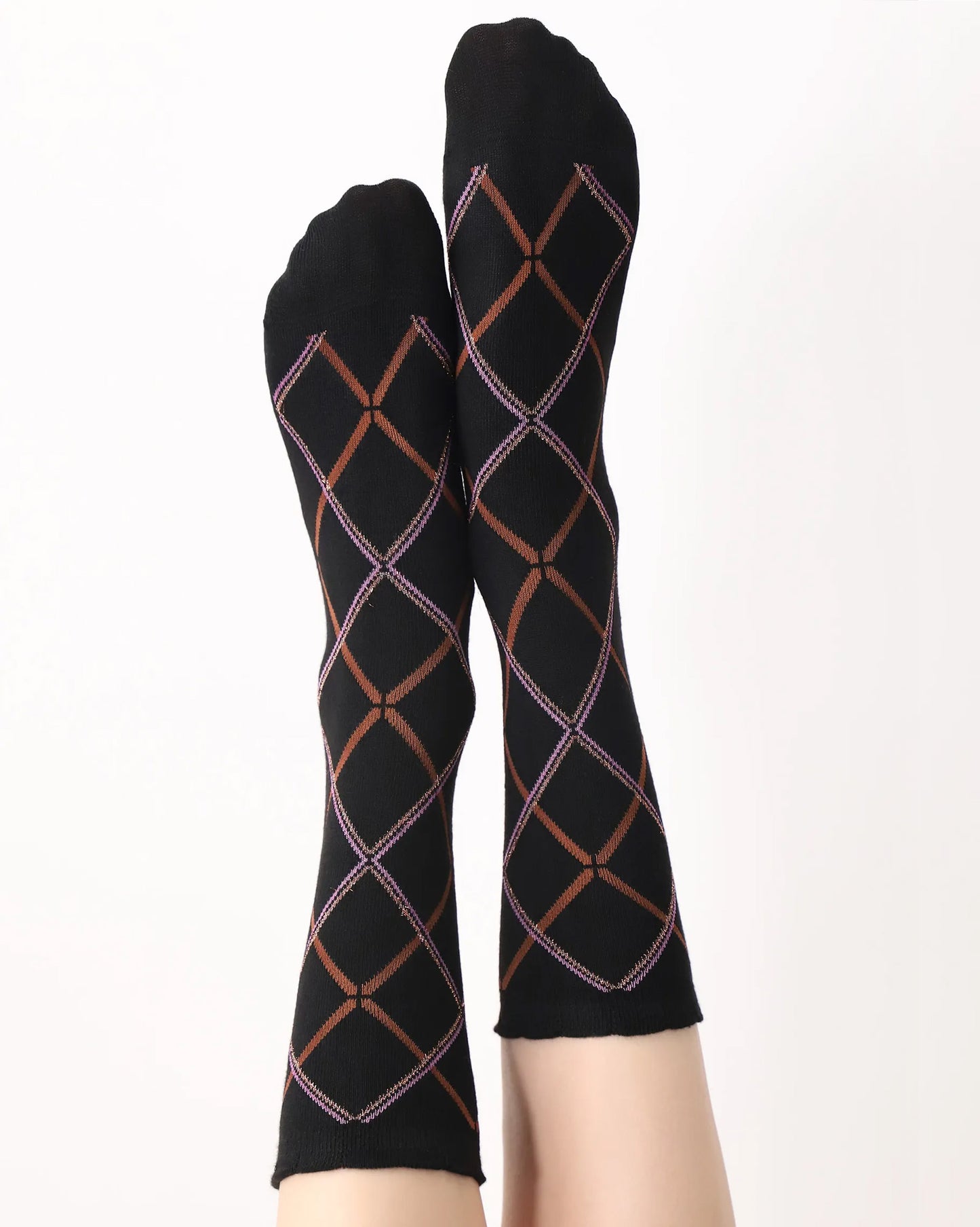 Oroblù British Socks - Soft black viscose mix fashion ankle socks with a linear diamond argyle style pattern in rust orange, light pink and sparkly gold lurex, shaped heel and flat toe seam.