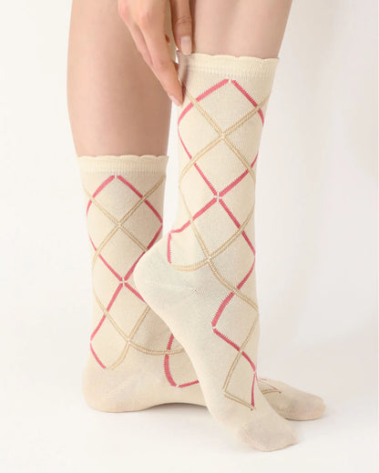 Oroblù British Socks - Soft cream viscose mix fashion ankle socks with a linear diamond argyle style pattern in coral and sparkly gold lurex, shaped heel and flat toe seam.