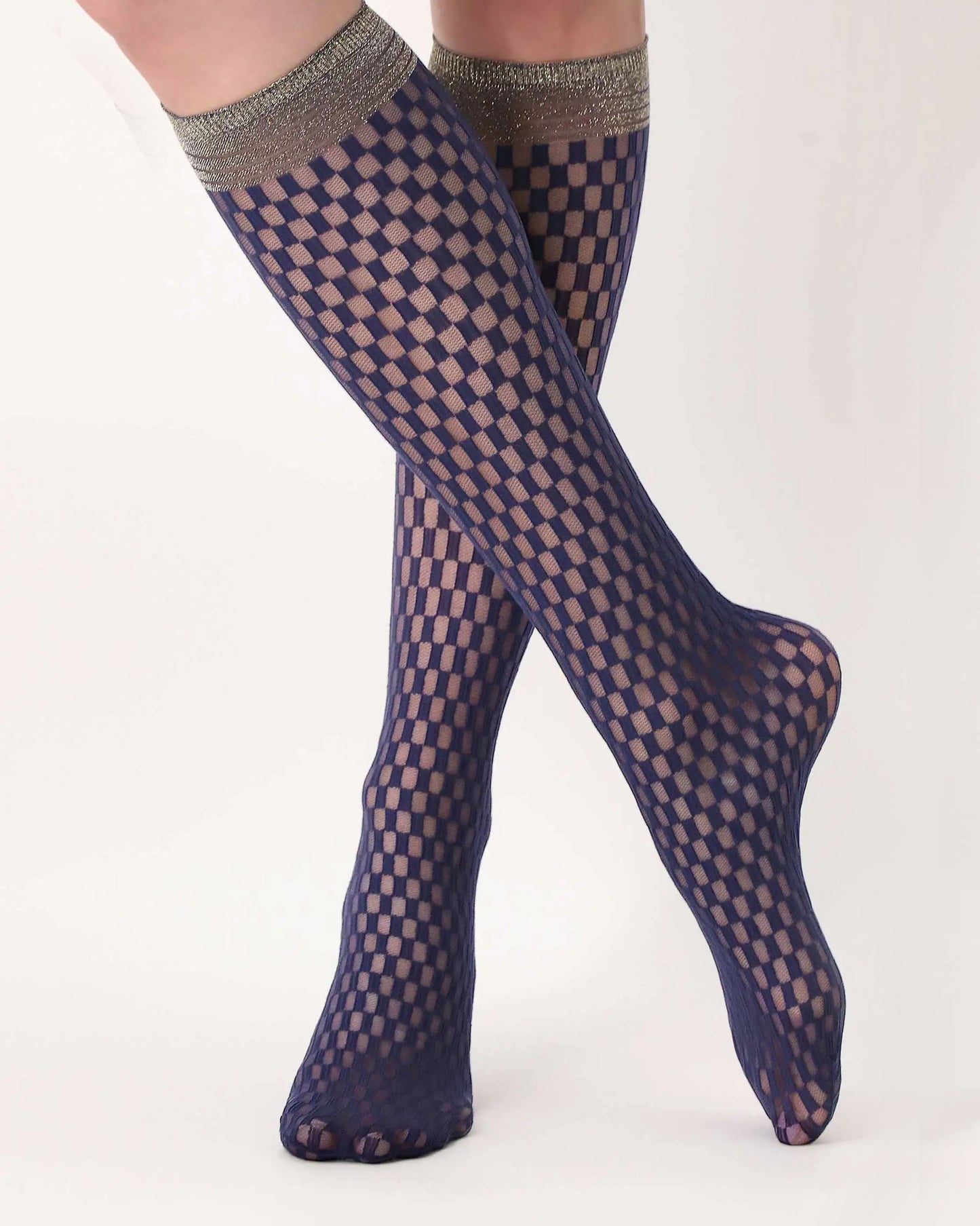 Oroblù Check Lace Knee-Highs - Sheer navy blue micro-mesh fashion knee-high socks with a mock checkered pattern with a sparkly gold stripe cuff.