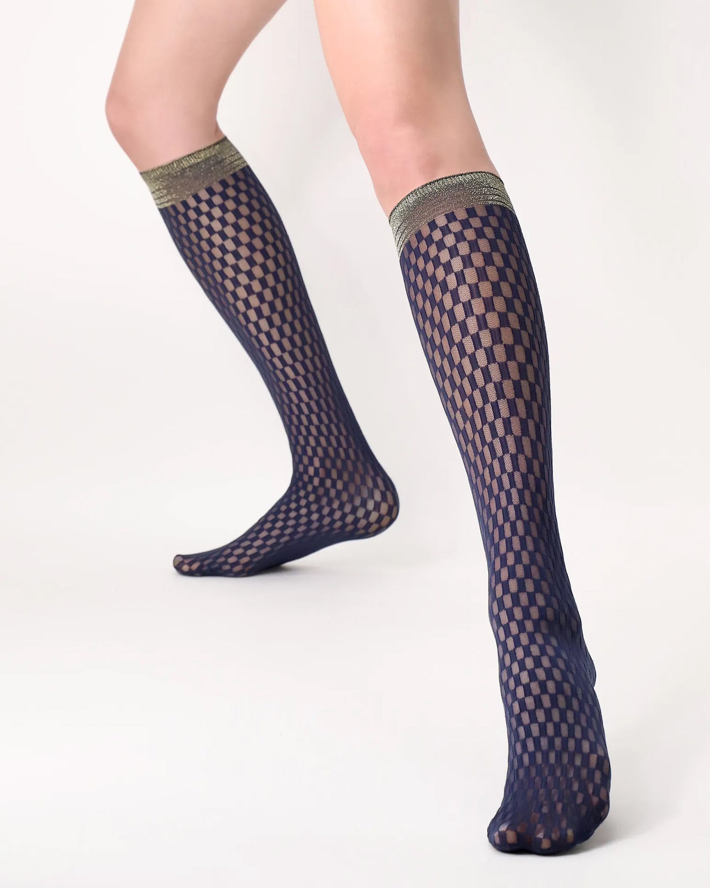 Oroblù Check Lace Knee-Highs - Sheer navy micro-mesh fashion knee-high socks with a mock checkered pattern with a sparkly gold stripe cuff.