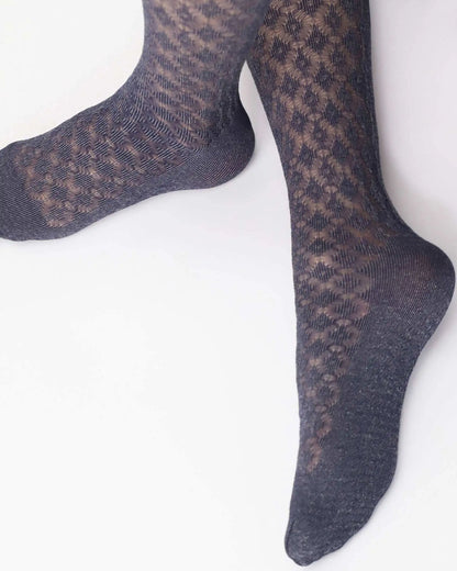 Oroblù Eco Sneakers Crochet Tights - Denim blue soft semi-opaque fashion recycled yarn tights with a geometric crochet diamond knit style pattern, built in sneaker sock sole detail.