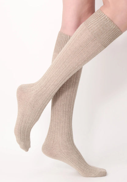 Oroblù Jasmine Knee-High Sock - Ultra soft and warm beige ribbed knitted knee-high socks with a touch of alpaca, sparkly gold glitter cuff.