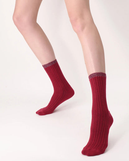 Oroblù Jasmine Sock - Ultra soft and warm light dark red thermal cable ribbed knitted ankle socks with a touch of alpaca, sparkly silver lurex cuff.