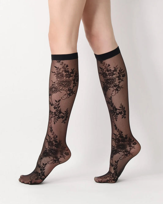 Oroblù Lace Like Gambaletto - Sheer black fashion knee-high socks with a floral lace style pattern and plain cuff.