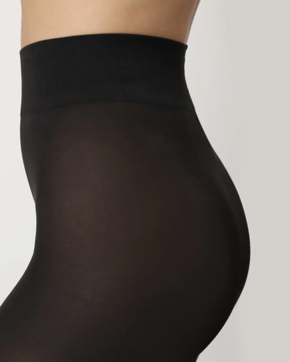 Oroblù Satin 60 Collant - Dressy black opaque tights with a satin sheen finish, hygienic gusset, flat seams and a deep comfort waistband. Waist detail.